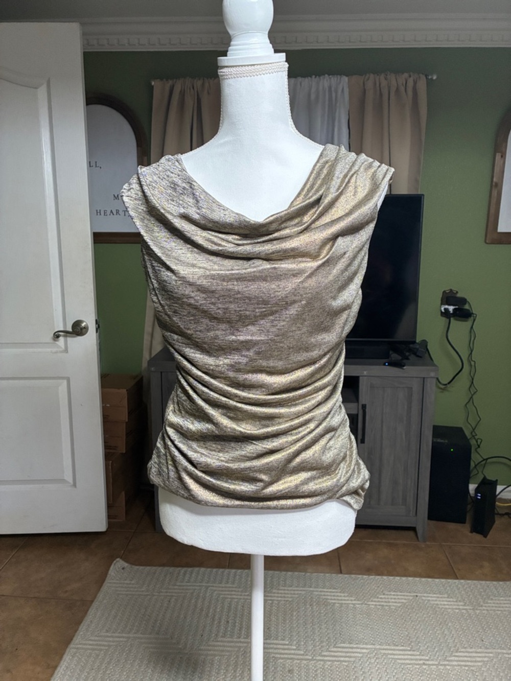 Source Unknown Metallic Gold and Brown Draped Cowl Neck Blouse